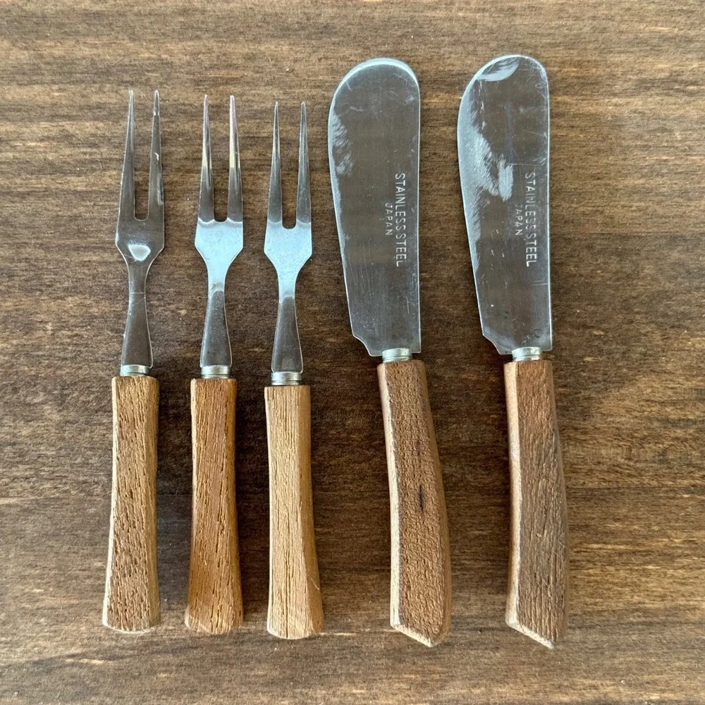 Vintage‎ Japan Stainless Steel Teak Wood Cheese Butter Spreader Fork Set
